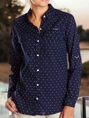 Columbia Women's Super Bonehead PFG Navy Blue Dot Button-Down Shirt Sz M Vented